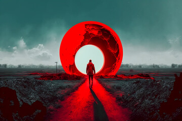 Wall Mural - abstract red door and person background, one colour concept, generative ai