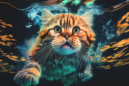 Cat swims underwater in turquoise sea. Cat hunting for fish in aquarium. Funny surprised cat face undersea. Brave cat hunts for fish in river. Fluffy kitten swimming under water, Generative AI