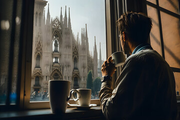 man traveler drinking morning cup coffee overlooking the city view milan italy, milano duomo cathedr