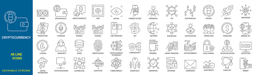 Cryptocurrency economy in web line style collection. Crypto Coin . Blockchain package. Bitcoin, NFT, Vector illustration