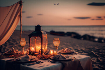 Romantic dinner in tent at sea coast. Serving table with burning candles at sunset. Created with Generative AI