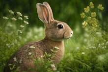 Cute Bunny In Green Meadow Grass. Generative Ai Illustration.