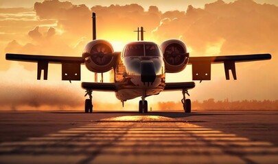 Sticker -  a small plane is sitting on the runway at sunset or dawn.  generative ai