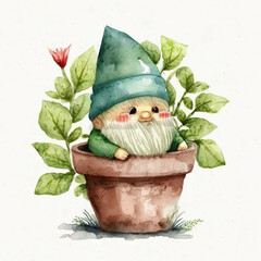 Wall Mural - Cute gnome sits in a flower pot isolated watercolor Generative AI illustration