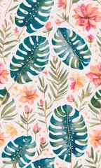  Vibrant Seamless Tiled Art Design of Exotic Palms, Lush Foliage, and Ornate Flora Patterns. Generative AI