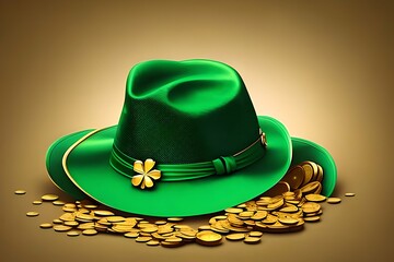 Wall Mural - Banner With Shiny Green Hat, Gold Coins And Clover Leaves. St. PatrickS Day Concept. Illustration. Generative AI