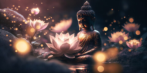 buddha statue and lotus flower. generative ai