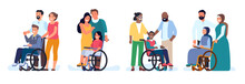 Parents And Their Children With Disabilities Smile Together. Handicapped Boys And Girls In Wheelchairs. Mom And Dad Support Disabled Kids. Paralyzed Babies. Vector Happy Families Set