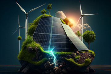 Wall Mural - Solar panel and Wind Turbine concept. Solar energy from solar panels. Photovoltaic, alternative source of Solar electricity. Renewable energy, green energy, wind turbines, Ai Generative illustration.