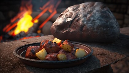  a plate of food sitting on a stone table next to a fire pit with a large rock in the background and a bowl of potatoes on the plate.  generative ai