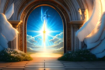 The Door To Heaven. Fantasy Illustration. God, Angels, Archangel Michael, Light. Generative AI