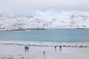 Wall Mural - Harsh winter landscape in Lofoten Archipelago, Uttakleiv Beach, Norway, Europe. Cold landscape in Lofoten Islands.