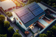 Aerial view of photovoltaic solar panels on a roof. Environment and technology concepts. Generative AI