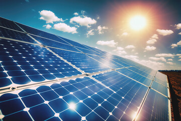 Close-up of solar cell farm power plant. Many solar photovoltaic panels generating renewable energy against blue sky. concept of sustainable resources. Generative AI