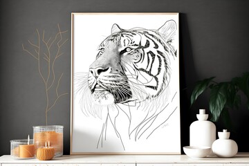 Wall Mural - Wallpaper Illustration and background of a tiger head drawing. Front view. Concept of animal, wild world. Generative AI.