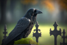 Closeup Portrait Of Peaceful Raven On A Grave And Blurred Cemetery In The Background. Generative AI.