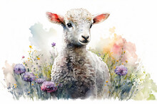 Watercolor painting of cute lamb in a colorful flower field. Ideal for art print, greeting card, easter or springtime concepts etc. Made with generative AI.
