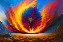 Abstract Art. Colorful Painting Art Of The Biblical Moses And The Burning Bush. Christian Illustration. Generative AI