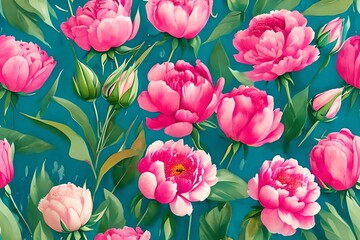 Wall Mural - Abstract Watercolor Flowers On A Light Pink Background, Peonies, Roses, Green Leaves, Natural Floral Pattern In Vintage Style, Asian Theme. Generative AI