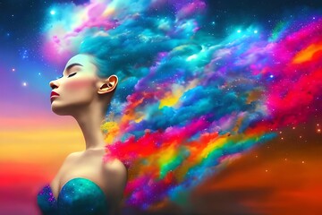 Wall Mural - abstract woman dream decorated by harmony and endless colors of star in the sky background . sleepin