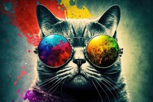 Cool Cat With Sunglasses On Colorful Background. Generative AI