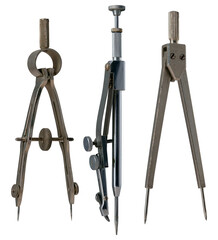 Three different types of compasses for drawing circles on paper and measuring distances. Isolated background.