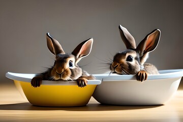 Wall Mural - Two Cute Baby Brown Rabbit In The Bathtub, Blurred Light Yellow Background. Generative AI