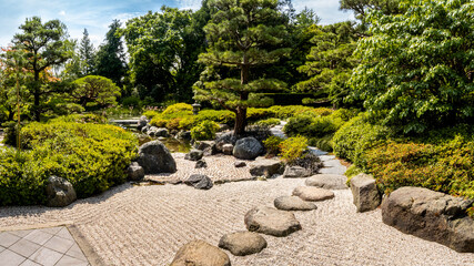 panoramic view of the japanese garden in loki-schmidt-garten, klein flottbek, hamburg, featuring sha