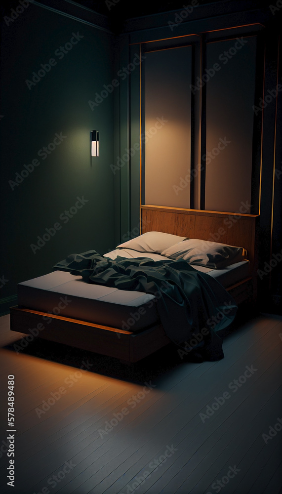 Ai generated. A luxurious hotel bedroom with green sheets and wall. The ...