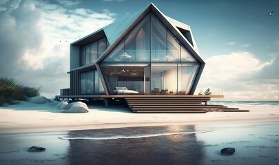 Poster -  a house on the beach with a lot of windows on it.  generative ai