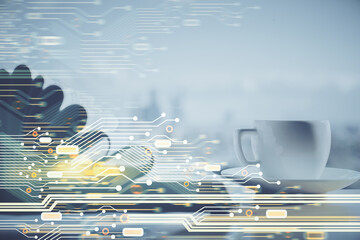 Fototapete - Double exposure of technology theme drawing and desktop with coffee and items on table background. Concept of data research.