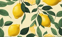  A Lemon Tree With Lemons And Leaves On A Cream Background With Green Leaves And A Yellow Background With Lemons On A Cream Background.  Generative Ai