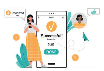 Wall Mural - Money transfer concept. Woman with smartphone uses banking application. Electronic transaction and transfer on Internet, online payment. Wallet program at phone. Cartoon flat vector illustration