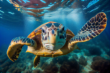 Sincere sea turtle underwater looking straight into the camera