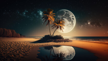 Palm tree at night amid full moon on Caribbean beach created with generative AI technology