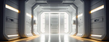 Space Station Scifi Style Corridor Or Hallway, Leading To A Door. White Clean Illuminated Walls, Ultra Modern Sci-fi Design. Generative AI. 