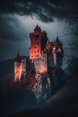 Dracula Castle in the Night. Generative AI