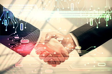 Wall Mural - Double exposure of data theme hologram and handshake of two men. Partnership in IT industry concept.