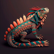Mexican Mayan Style Iguana Illustration. Volumetric Aztec Style Lizard