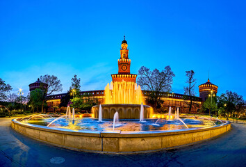 Poster - The night panorama of the fountain and Castello Sforzesco in Milan, Italy