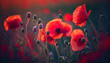 Flowers Red poppies blossom on wild field. Beautiful field red poppies with selective focus. Red poppies in soft light. Opium poppy. natural drugs. Generative AI