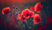 Flowers Red Poppies Blossom On Wild Field. Beautiful Field Red Poppies With Selective Focus. Red Poppies In Soft Light. Opium Poppy. Natural Drugs. Generative AI