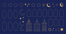 Collection Of Elements In The Oriental Style Of Ramadan Kareem And Eid Mubarak, Islamic Windows,  Arches, Stars And Moon, Mosque Doors, Mosque Domes And Lanterns.