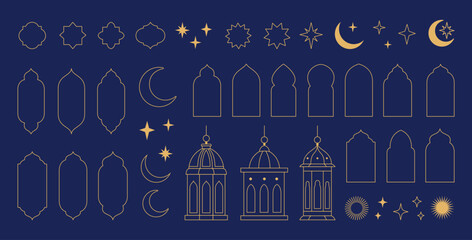 collection of elements in the oriental style of ramadan kareem and eid mubarak, islamic windows, arc