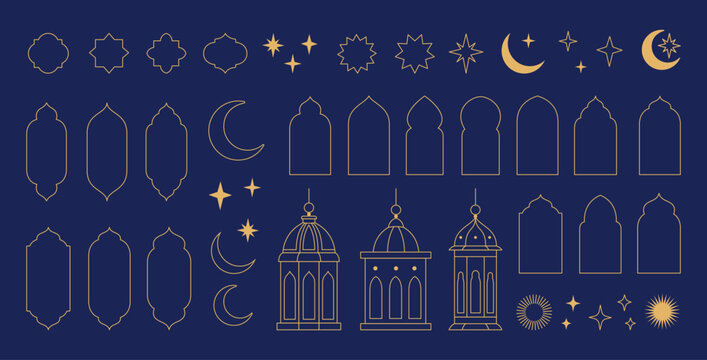 collection of elements in the oriental style of ramadan kareem and eid mubarak, islamic windows, arc