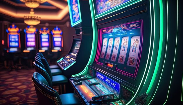 slot machines in a luxury casino with bright neon colors created with generative ai technology