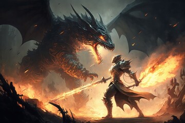 Wall Mural - The epic scene of the battle of a knight with a dragon. Fairy tale atmosphere. AI generated