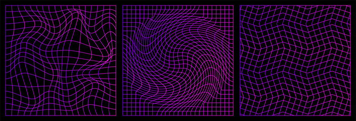 Wall Mural - set of distorted neon grid pattern.retrowave, synthwave, rave, vaporwave. blue, black, pink purple c