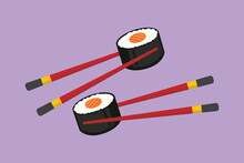 Graphic Flat Design Drawing Fresh Delicious Japanese Sushi Maki Bar With Chopstick Restaurant Logo Emblem Symbol. Japan Seafood Cafe Shop Logotype Template Concept. Cartoon Style Vector Illustration