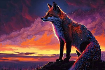 Wall Mural - The Vivaciously Vibrant Fox in a Vast Violet Sky Generative AI